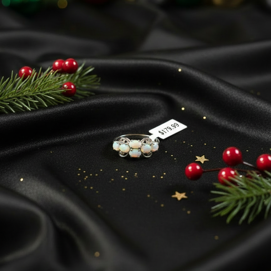 White opal ring on Christmas backdrop with bokeh lights - $179.99