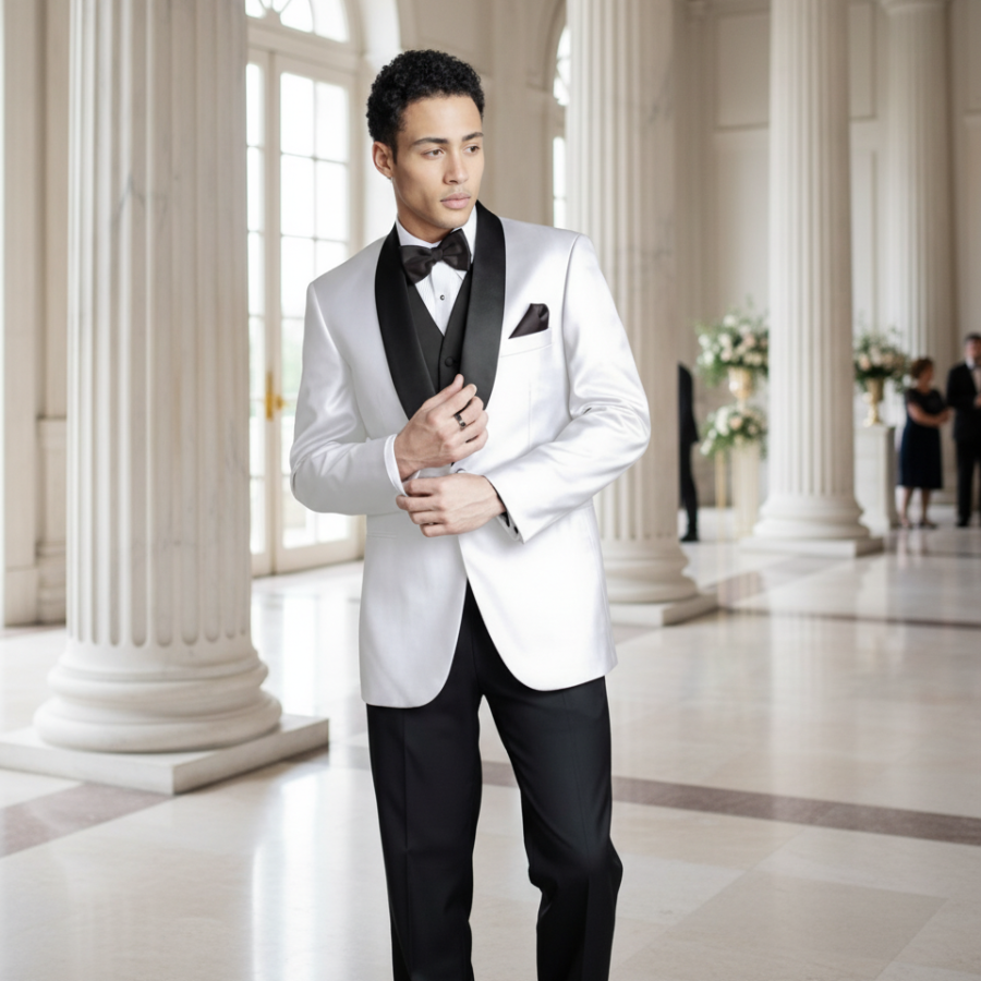 White tuxedo with marble columns background
