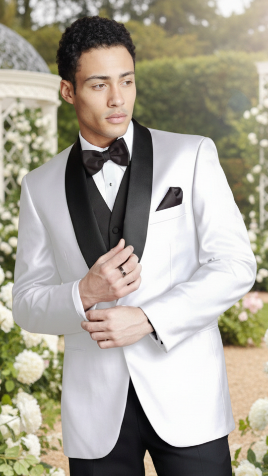 White tuxedo with romantic garden background