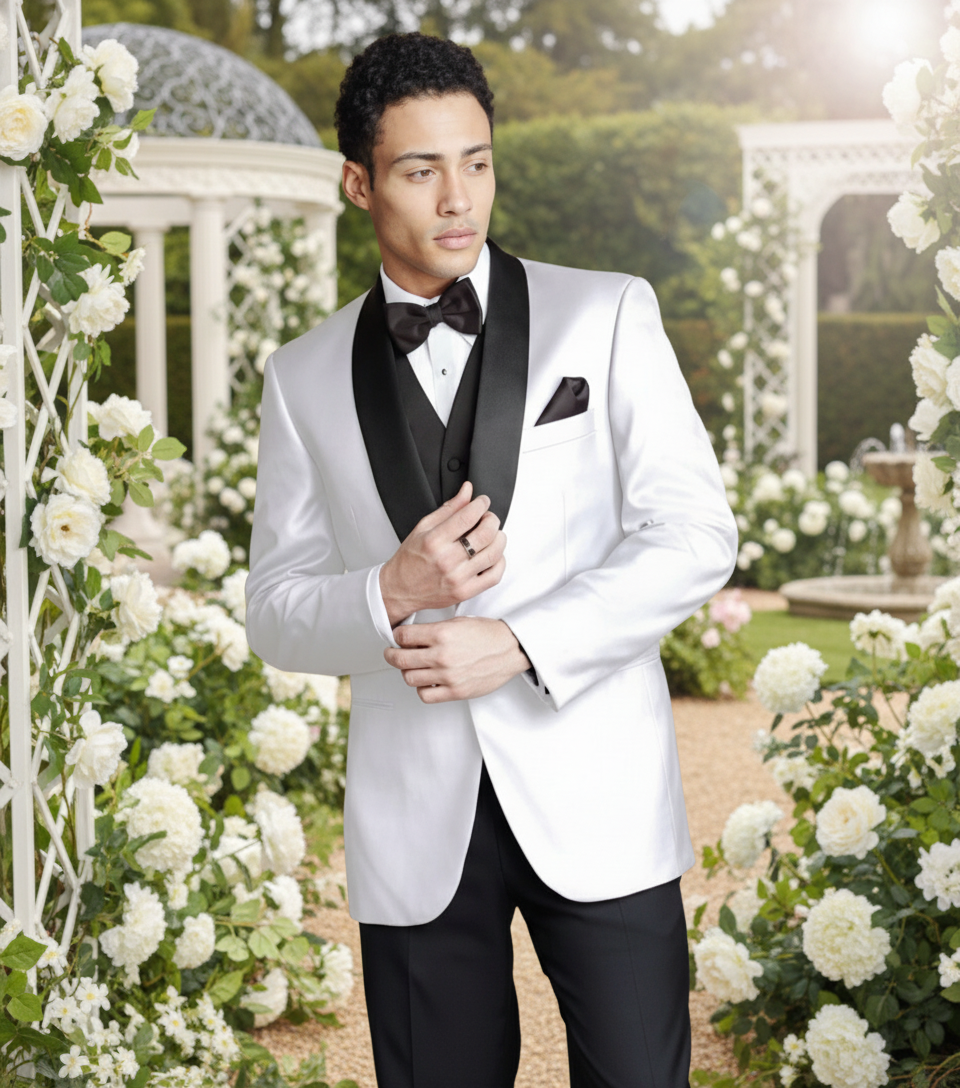 White tuxedo with romantic garden background