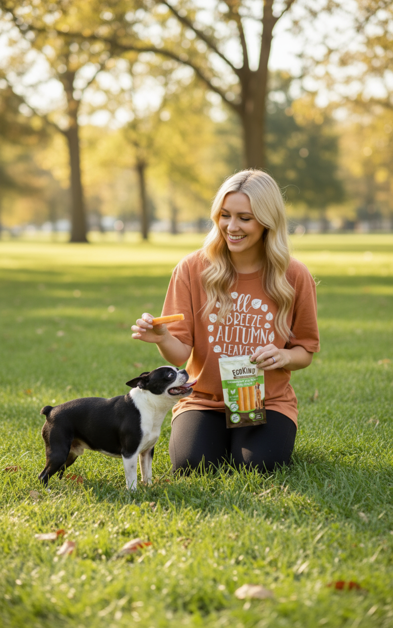 Woman feeding bulldog dog treats in park